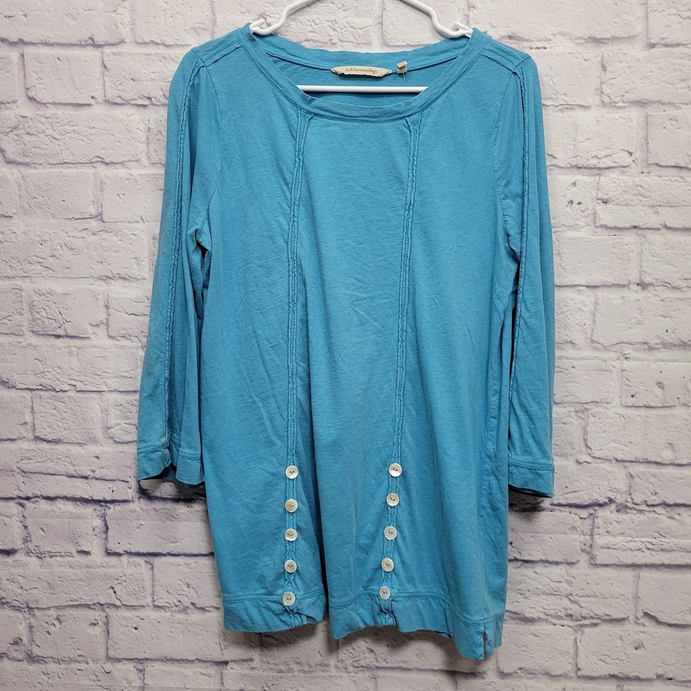 Soft Surroundings Turquoise Blue Stretchy Top Sz M Button Detail‎ Simple Comfort